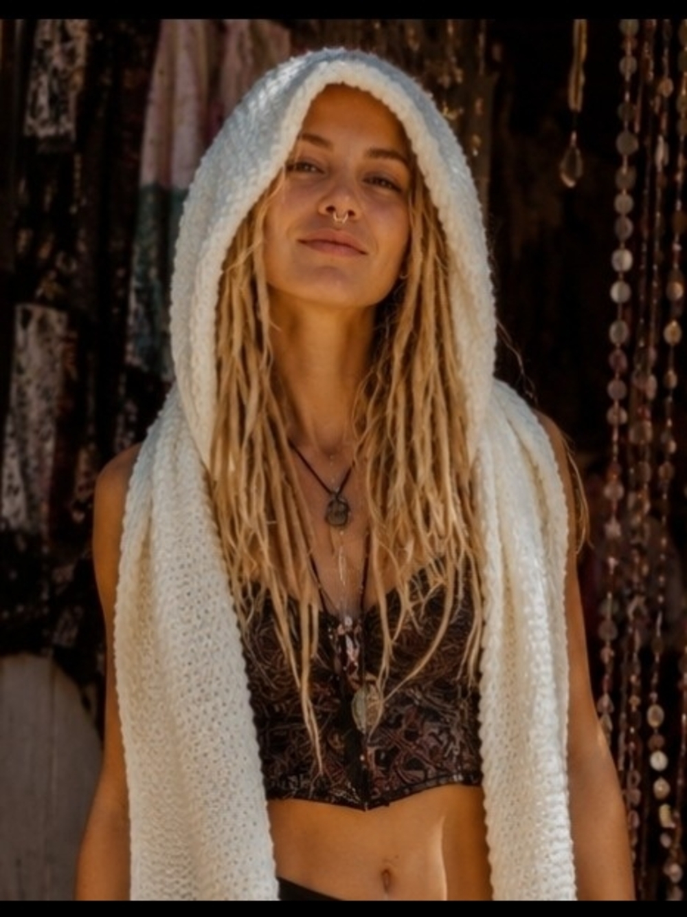 4/$15 Cozy Cream Knit Hooded Scarf Festival Bohemian Accent